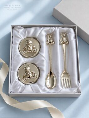 The Baby Collection Teddy Bear Keepsake Set Silver Tone First Tooth Box NWT